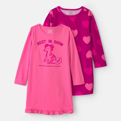 Girls 2-Pack 'Best In Show' Heart Loose Fit Night Gown - Pink
