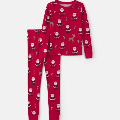 Kids 2-Piece Beige Santa Christmas 100% Cotton Snug Fit Pajama Set - Red