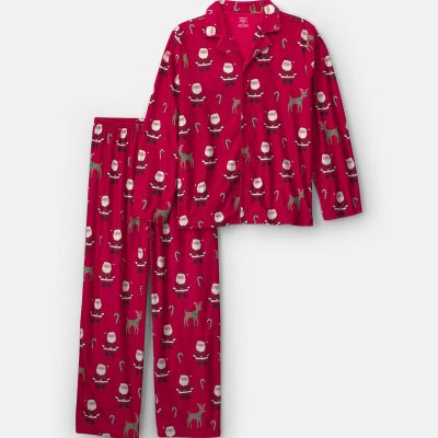Adult 2-Piece Beige Santa Christmas Fleece Loose Fit Pajama Set - Red