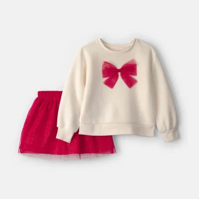 Girls Tulle Bow Fleece Long-Sleeve Top & Skort Set - Cream/Red