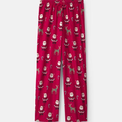 Adult Beige Santa Christmas Fleece Loose Fit Pajama Bottoms - Red
