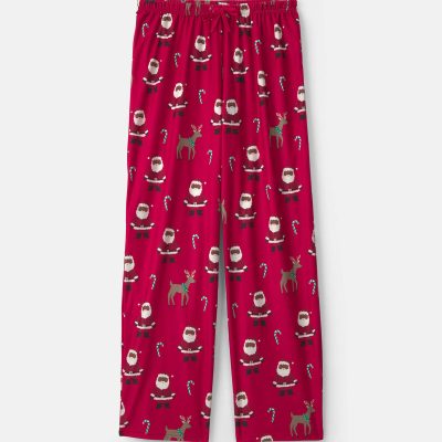 Adult Brown Santa Christmas Fleece Loose Fit Pajama Bottoms - Red