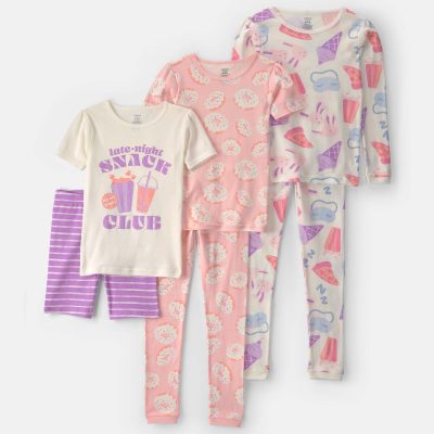 Girls Snacks 100% Cotton 6-Piece Pajama Sets - Pink/Purple/Cream