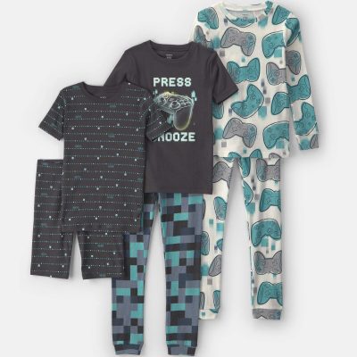 Boys Gaming 100% Cotton 6-Piece Pajama Sets - Teal/Black