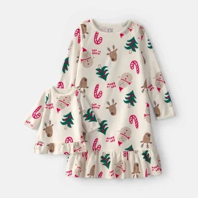 Girls 2-Piece Christmas Icon Fleece Loose Fit Night Gown & Doll Gown - Cream
