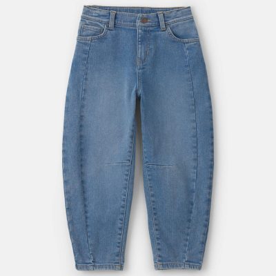 Girls Fleece-Lined Denim Barrel Jeans - Medium Wash