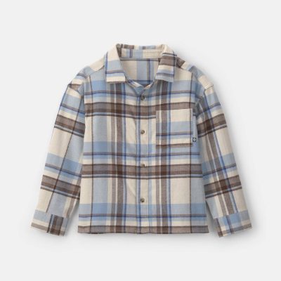 Boys Plaid Baggy Flannel Button-Down Shirt - Grey/Blue/Brown
