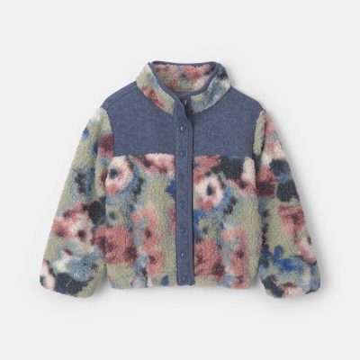 Girls Floral Teddy Fleece Jacket - Blue