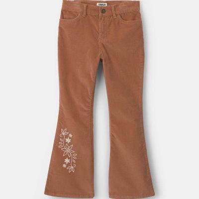 Girls Floral Embroidered Corduroy Flare Pants - Brown