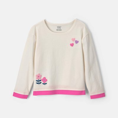 Girls Heart & Flower Long-Sleeve Top - Cream/Pink