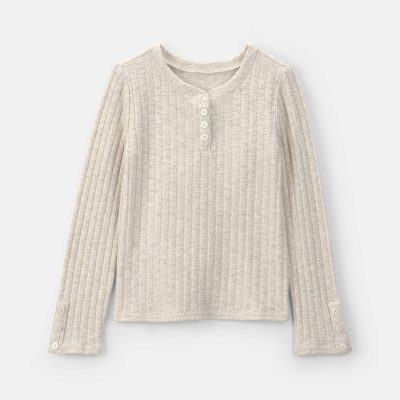 Girls Ribbed Long-Sleeve Henley T-Shirt - Cream