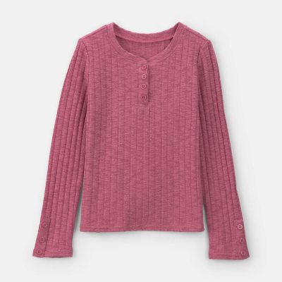 Girls Ribbed Long-Sleeve Henley Top - Pink