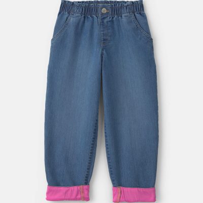 Girls Medium Wash Denim Cuffed Jeans - Blue/Pink