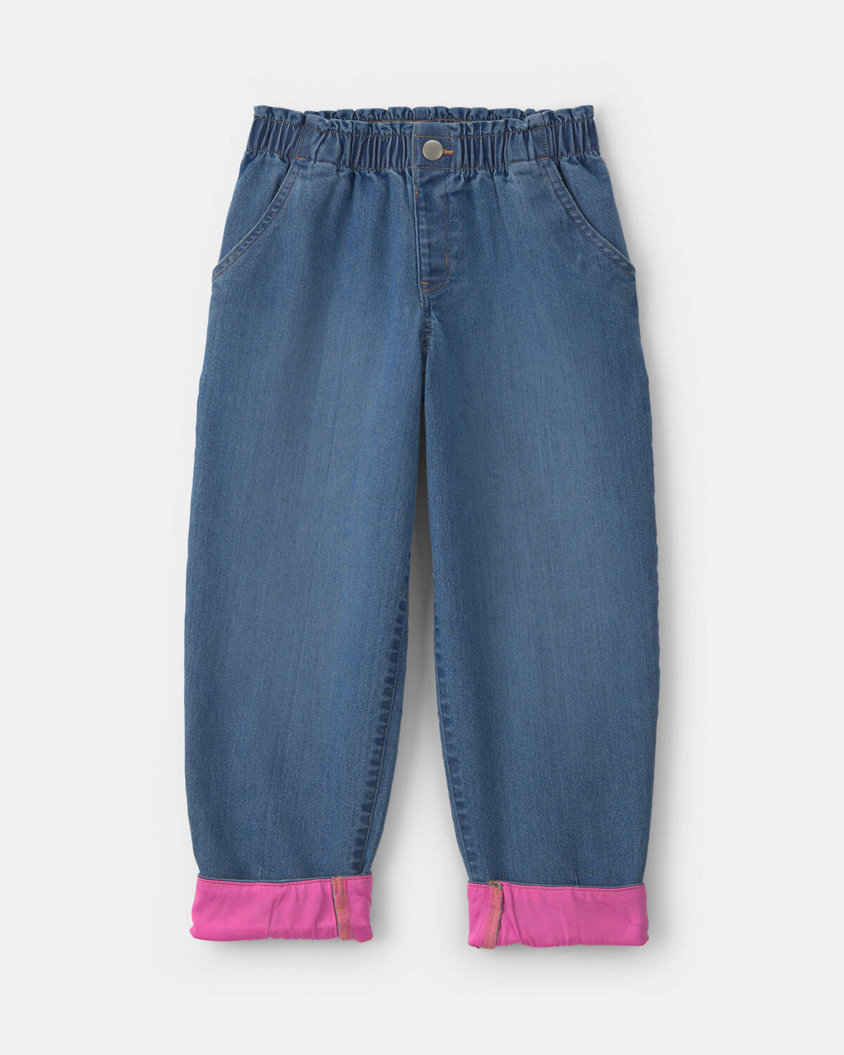 Girls Medium Wash Denim Cuffed Jeans - Blue/Pink