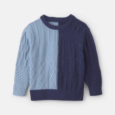 Boys Cable Knit Fair Isle Baggy Sweater - Navy Blue/Light Blue