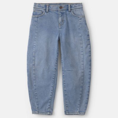 Girls Fleece-Lined Denim Barrel Jeans - Light Wash