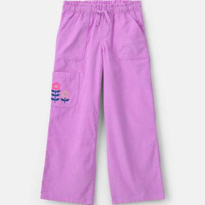 Girls Flower Corduroy Wide-Leg Pants - Purple