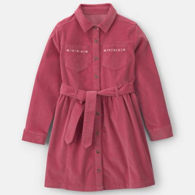 Girls Embroidered Long-Sleeve Corduroy Dress - Pink