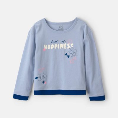 Girls 'Full of Happiness' Flower Long-Sleeve Top - Blue