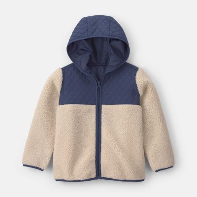 Boys Teddy Fleece Color Block Zip-Up Hoodie - Navy Blue/Cream
