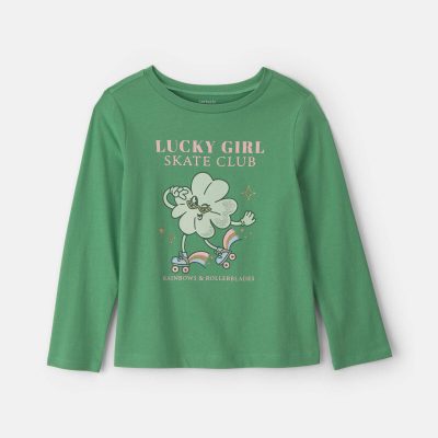 Girls 'Lucky Girl Skate Club' St Patrick's Day Long-Sleeve Graphic Tee - Green