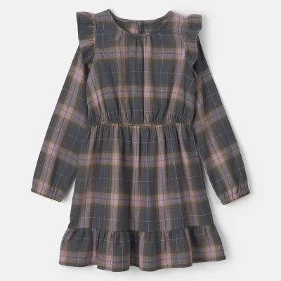 Girls Plaid Ruffle Long-Sleeve Dress - Grey/Pink