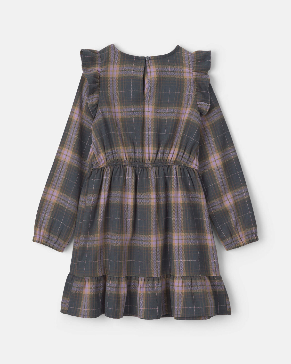 Girls Plaid Ruffle Long-Sleeve Dress - Grey/Pink - Image 2