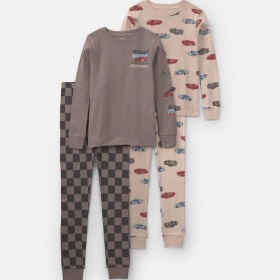 Boys Race Car 100% Cotton 4-Piece Pajama Set - Grey/Khaki