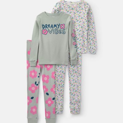 Girls 'Dreamy Vibes' Floral 100% Cotton 4-Piece Pajama Set - Green/Pink