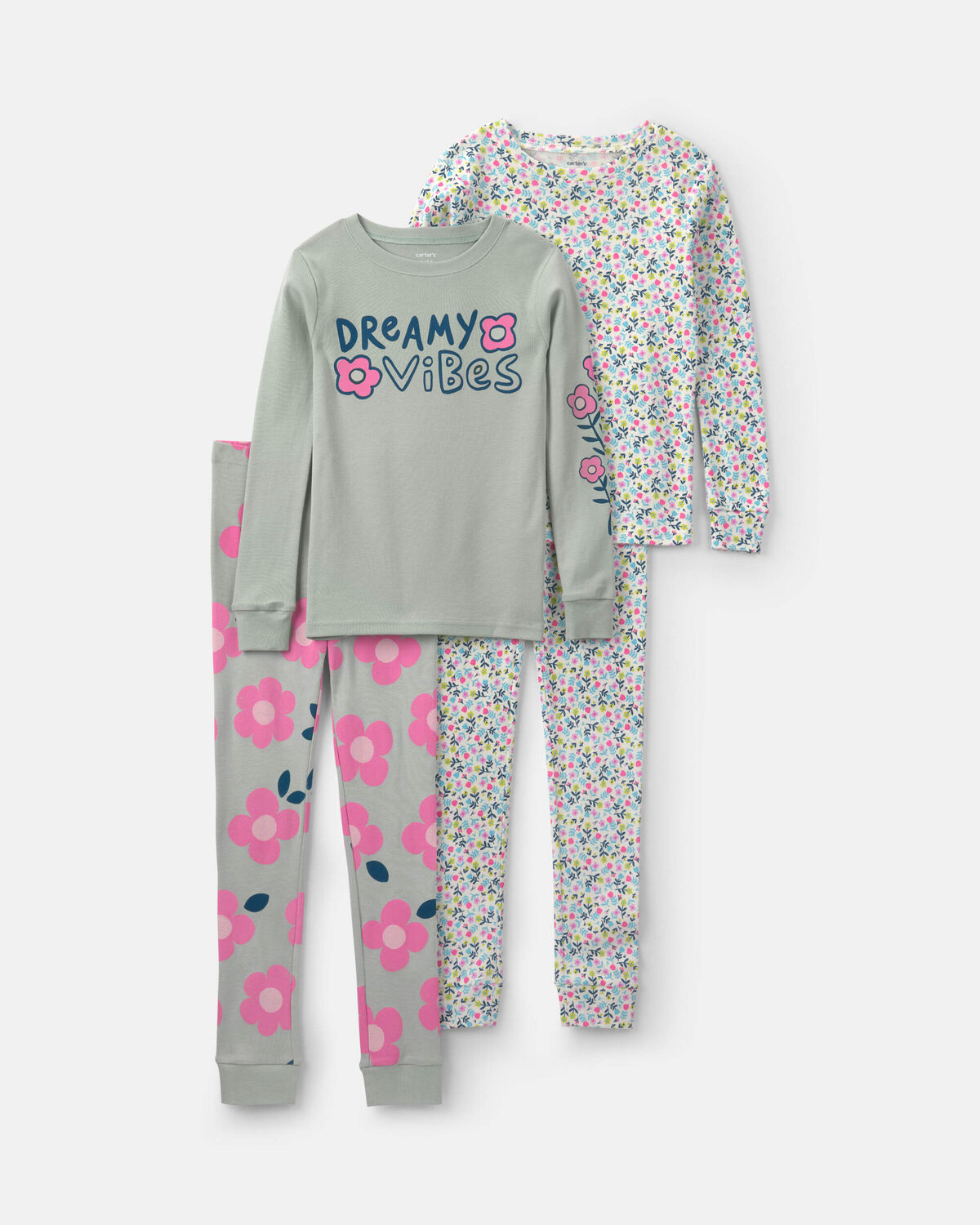 Girls 'Dreamy Vibes' Floral 100% Cotton 4-Piece Pajama Set - Green/Pink
