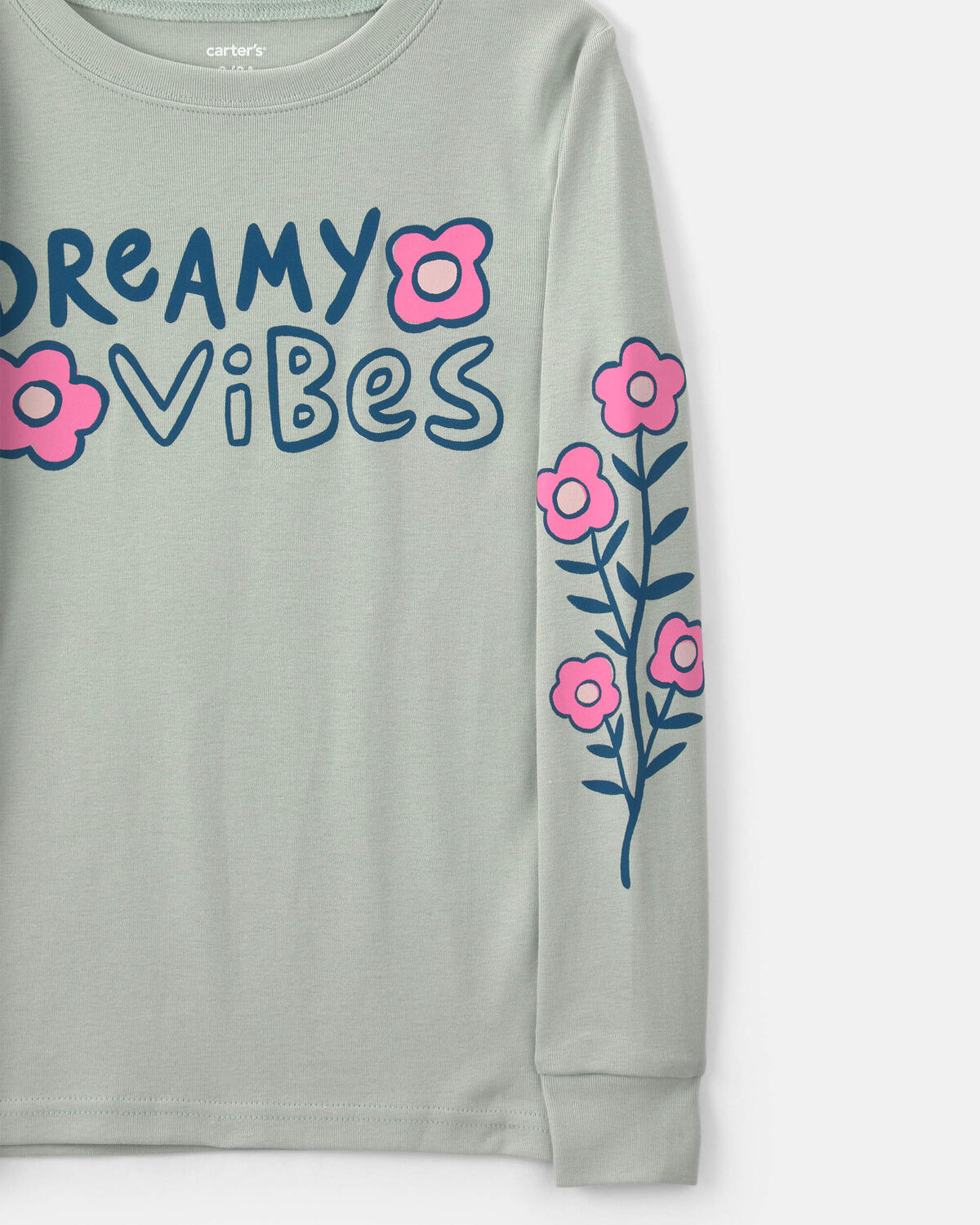 Girls 'Dreamy Vibes' Floral 100% Cotton 4-Piece Pajama Set - Green/Pink - Image 3