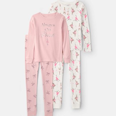 Girls 'Always On Pointe' Ballerina 100% Cotton 4-Piece Pajama Set - Pink/White