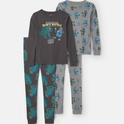 Boys 'Monster vs. Robot Dance Battle' 100% Cotton 4-Piece Pajama Set - Grey