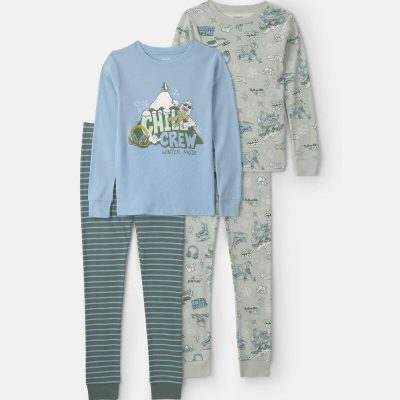 Boys Yeti Winter Mode 100% Cotton 4-Piece Pajama Set - Blue/Grey
