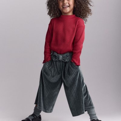 Toddler Girl Velvety Wide-Leg Pant with Bow - Dark Green