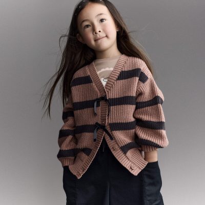 Toddler Girl Striped Puff-Sleeve Cardigan with Bows - Mocha Brown/Black