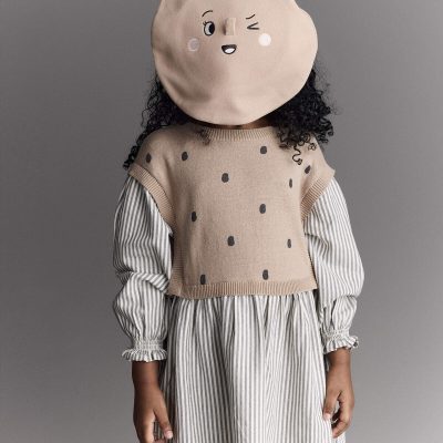Toddler Girl Beret with Face Graphic - Tan