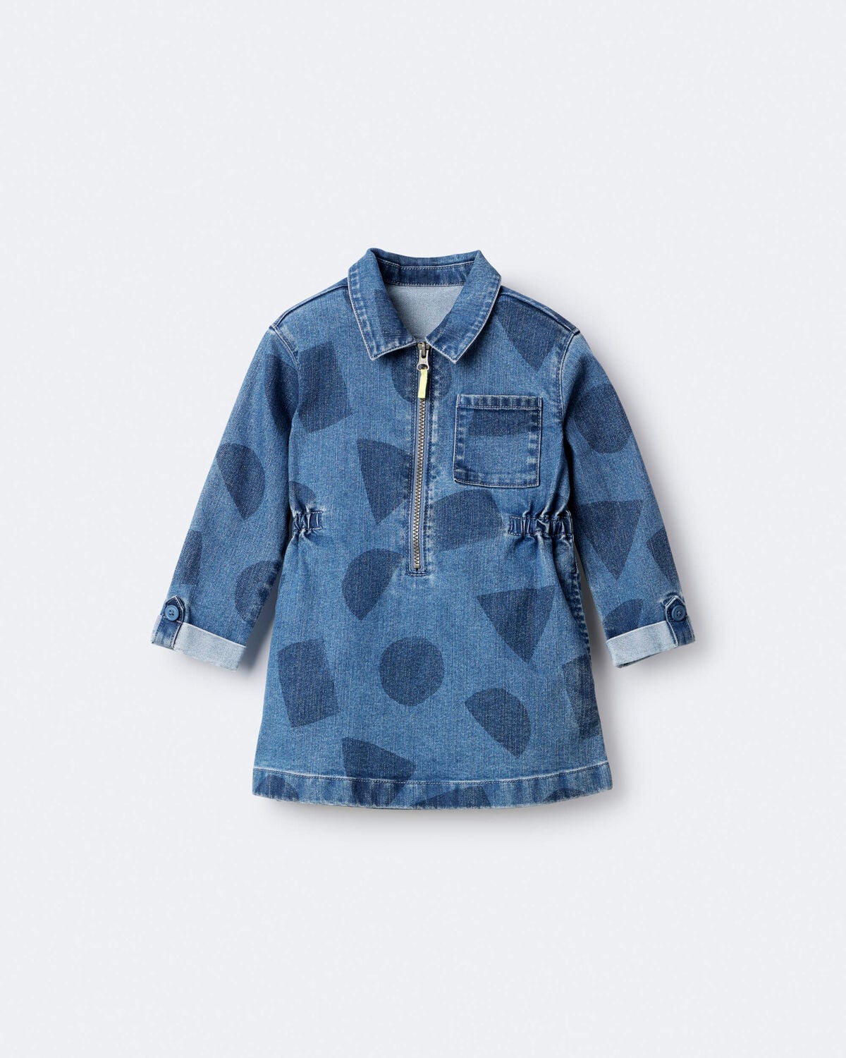 Toddler Girl Zip-Up Denim Shirt Dress with Shapes - Blue - Image 2