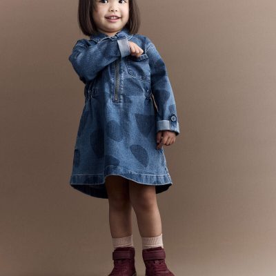 Toddler Girl Zip-Up Denim Shirt Dress with Shapes - Blue