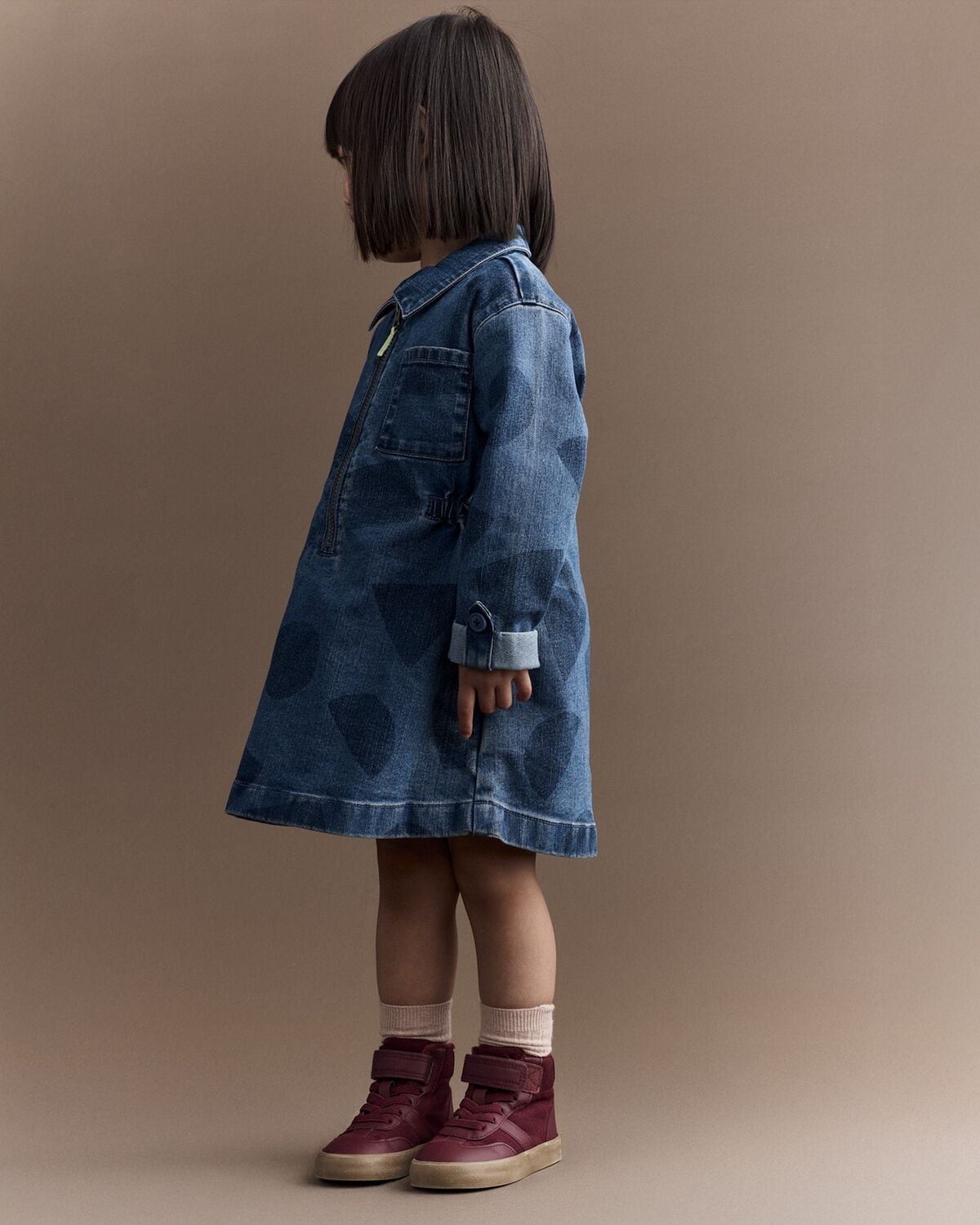 Toddler Girl Zip-Up Denim Shirt Dress with Shapes - Blue - Image 4