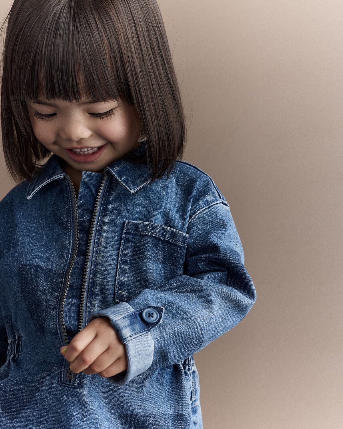Toddler Girl Zip-Up Denim Shirt Dress with Shapes - Blue - Image 5
