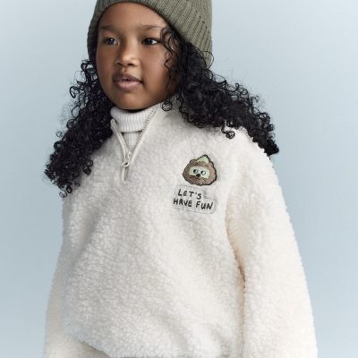 Toddler Let's Have Fun' Sherpa Quarter-Zip Sweatshirt - Cream