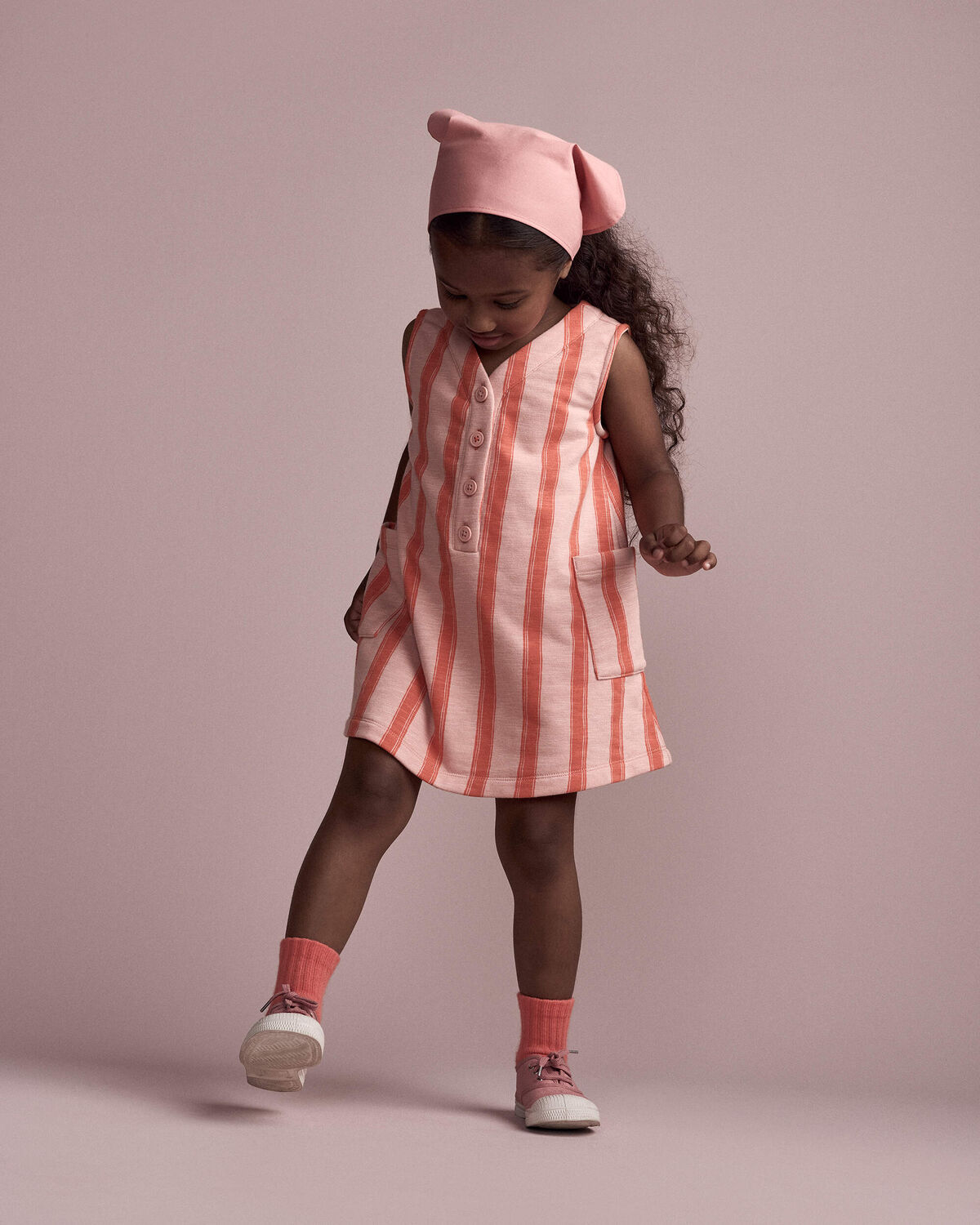 Toddler Girl Striped Pocket Dress - Orange - Image 3