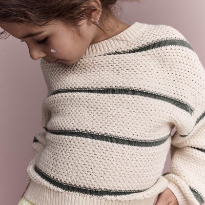 Toddler Girl Striped Balloon-Sleeve Sweater - Cream/Olive