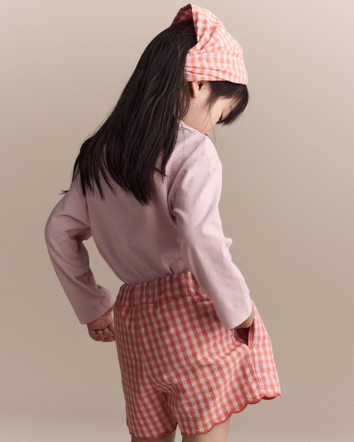 Toddler Girl Gingham Bandana Hair Scarf - Orange - Image 3