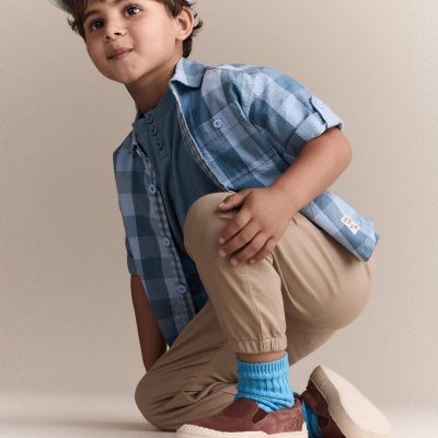 Toddler Boy Button-Down Short-Sleeve Shirt in Plaid - Blue