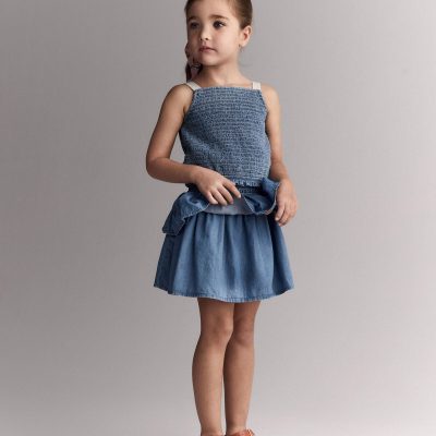 Toddler Girl Smocked Tiered Skirt in Chambray