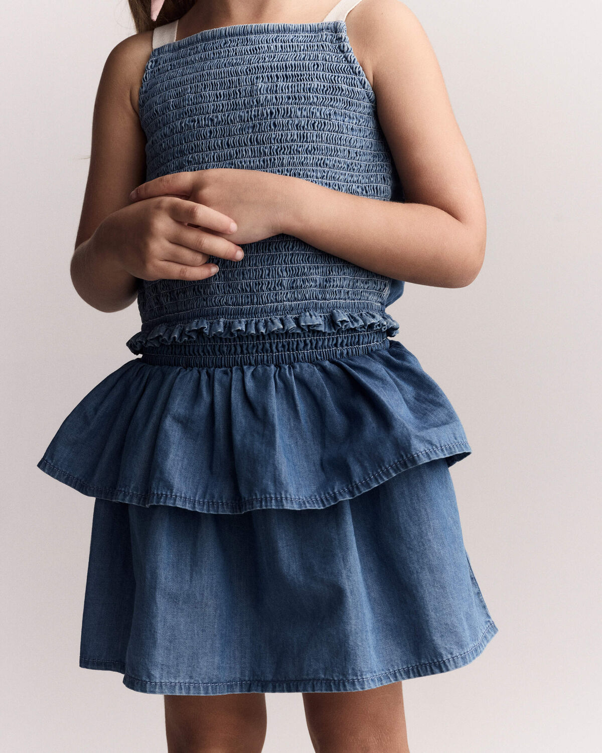 Toddler Girl Smocked Tiered Skirt in Chambray - Image 3