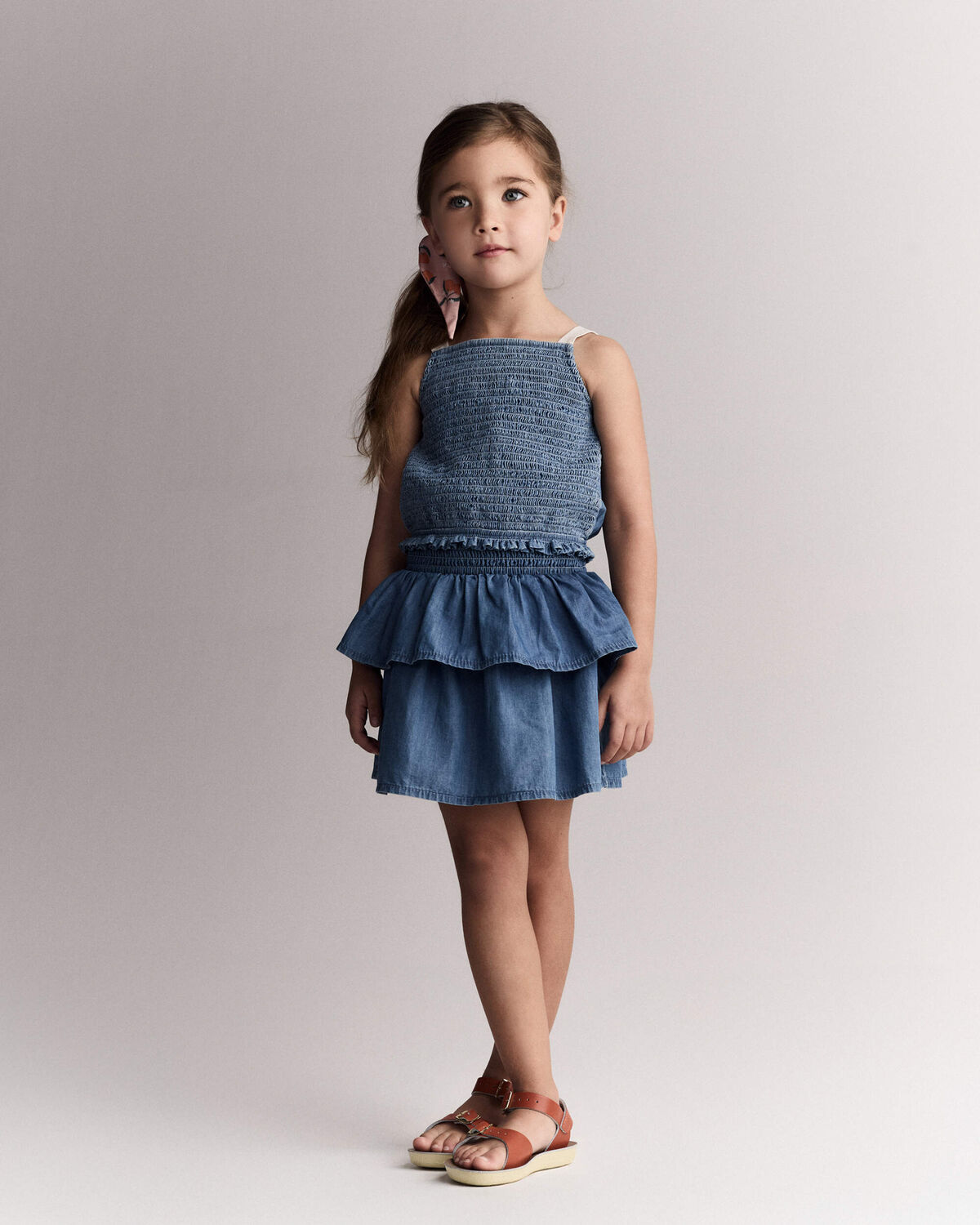 Toddler Girl Smocked Tiered Skirt in Chambray - Image 5