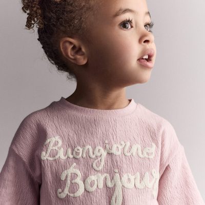 Toddler Girl 'Buongiorno, Bonjour' Rolled Cuff Tee - Light Pink